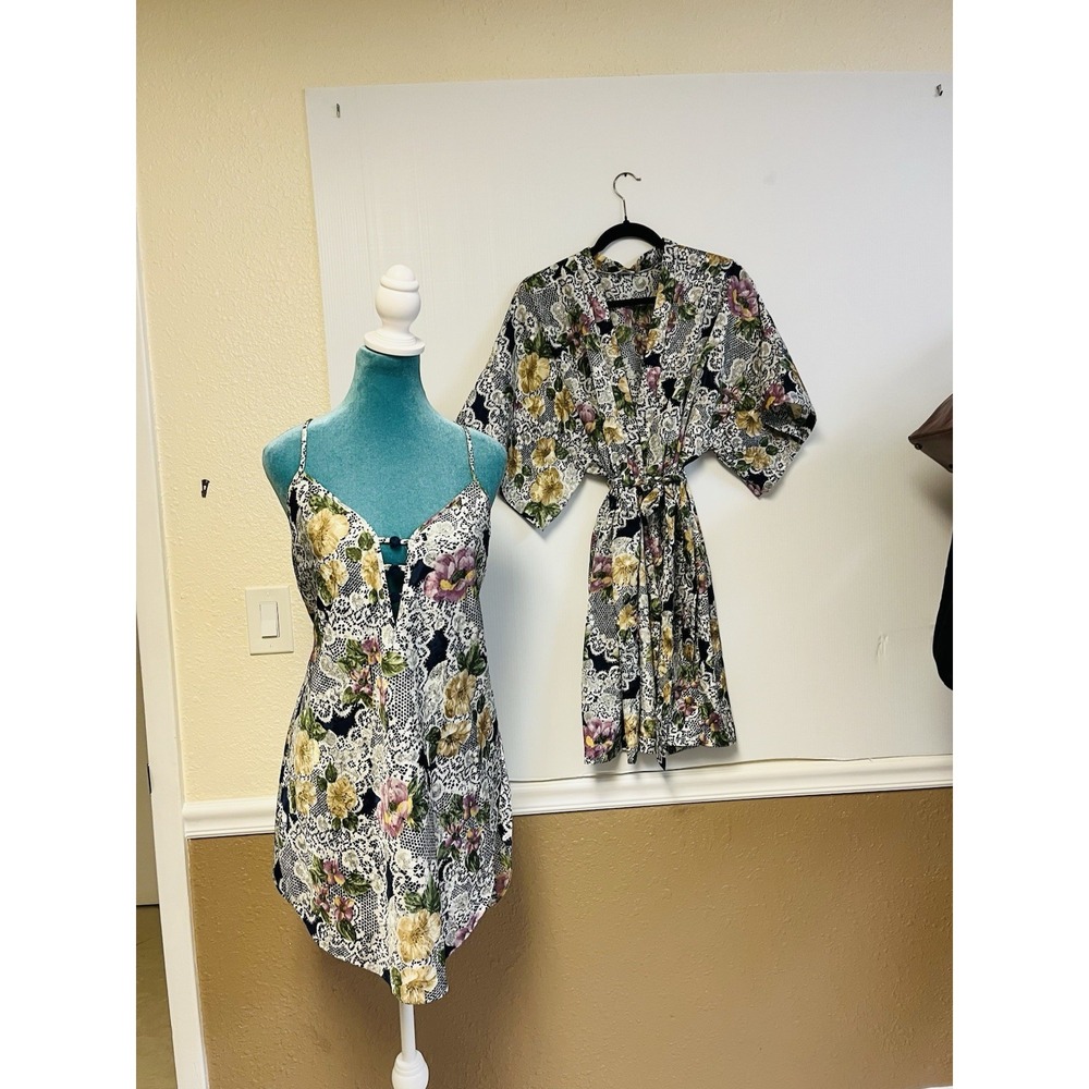 Vintage Cinema Etoile Floral Lace Lingerie Set Kimono Robe‎ Chemise M L EUC